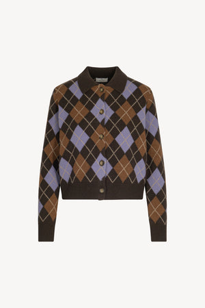 Mocha Pure Cashmere Shirt-collar Cardigan with Diamond Pattern