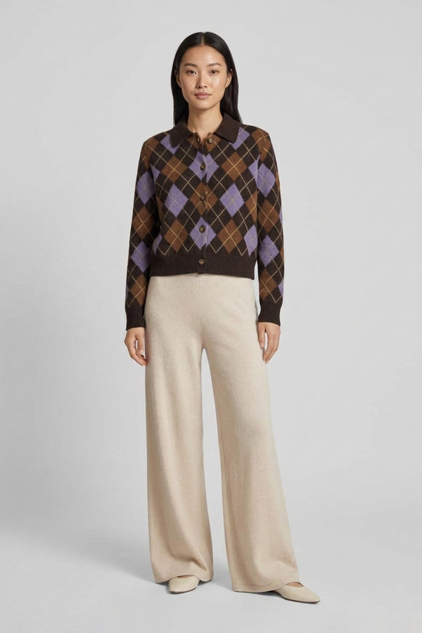 Mocha Pure Cashmere Shirt-collar Cardigan with Diamond Pattern