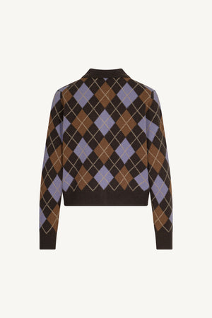 Mocha Pure Cashmere Shirt-collar Cardigan with Diamond Pattern