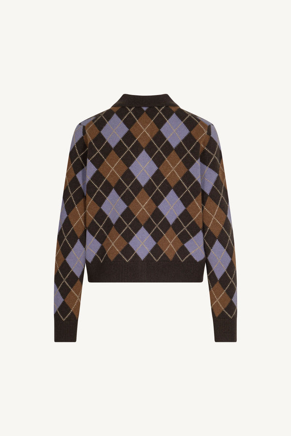 Mocha Pure Cashmere Shirt-collar Cardigan with Diamond Pattern