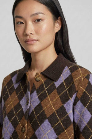 Mocha Pure Cashmere Shirt-collar Cardigan with Diamond Pattern