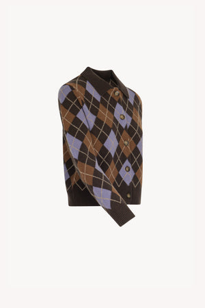 Mocha Pure Cashmere Shirt-collar Cardigan with Diamond Pattern