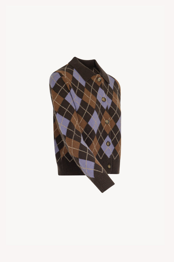 Mocha Pure Cashmere Shirt-collar Cardigan with Diamond Pattern