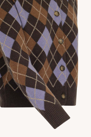 Mocha Pure Cashmere Shirt-collar Cardigan with Diamond Pattern