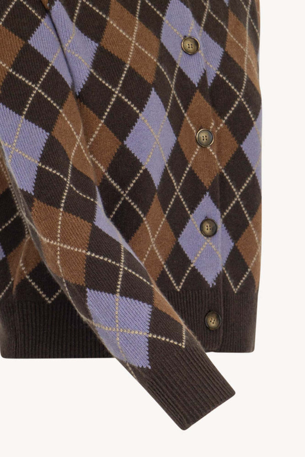 Mocha Pure Cashmere Shirt-collar Cardigan with Diamond Pattern