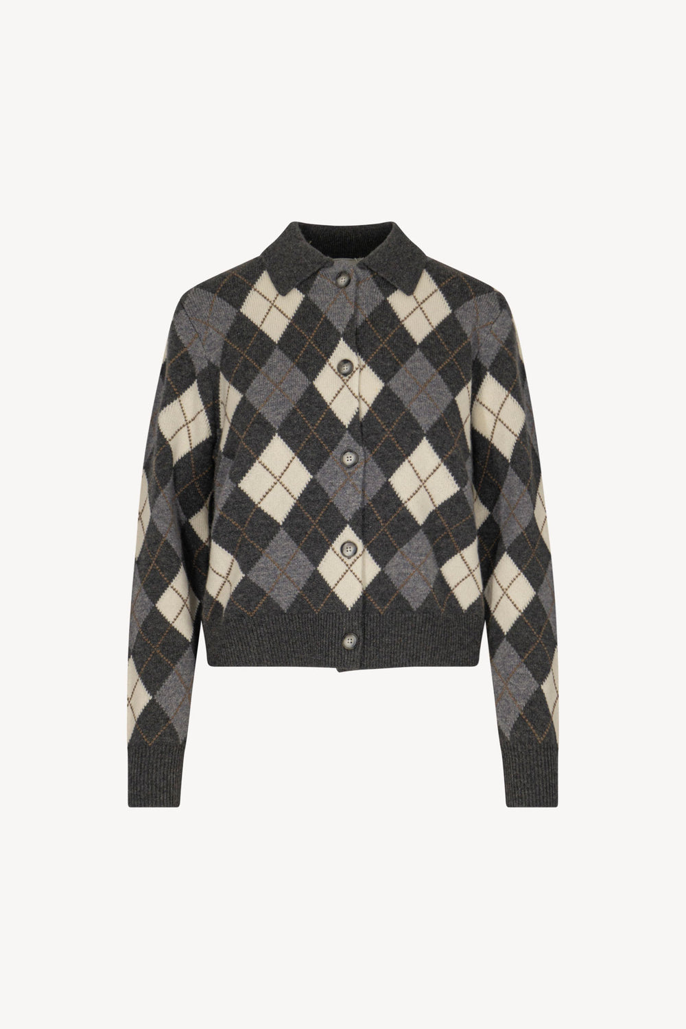 Anthracite Pure Cashmere Shirt-collar Cardigan with Diamond Pattern