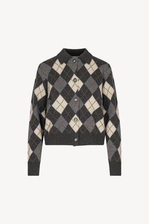 Anthracite Pure Cashmere Shirt-collar Cardigan with Diamond Pattern