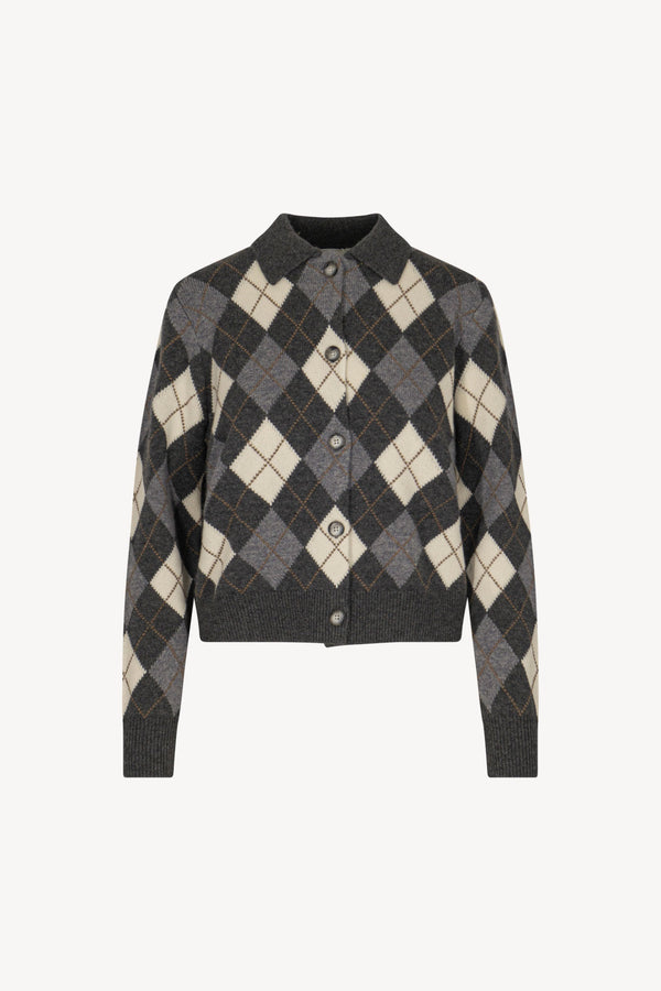 Anthracite Pure Cashmere Shirt-collar Cardigan with Diamond Pattern