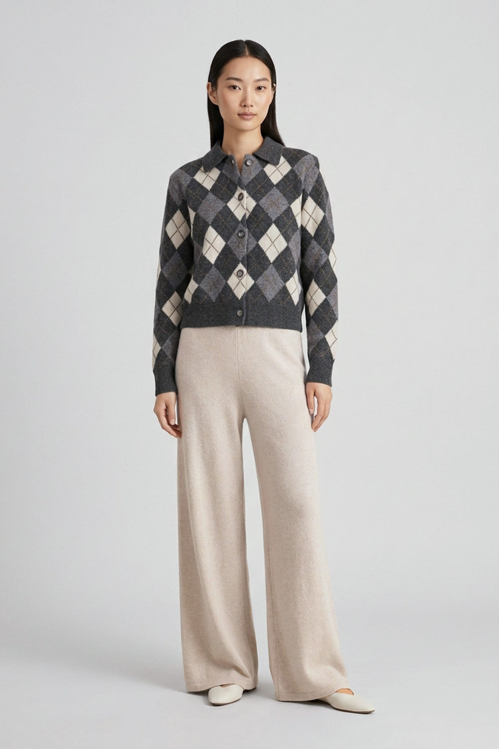 Anthracite Pure Cashmere Shirt-collar Cardigan with Diamond Pattern