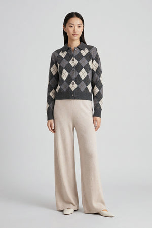 Anthracite Pure Cashmere Shirt-collar Cardigan with Diamond Pattern