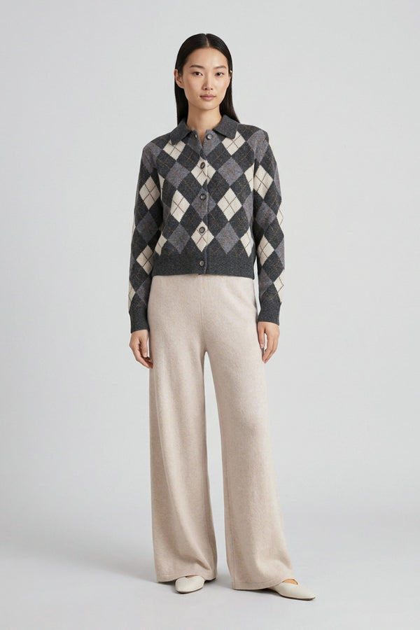 Anthracite Pure Cashmere Shirt-collar Cardigan with Diamond Pattern