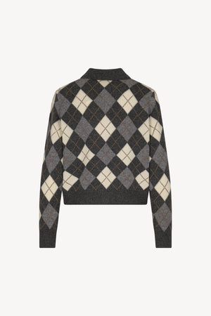 Anthracite Pure Cashmere Shirt-collar Cardigan with Diamond Pattern