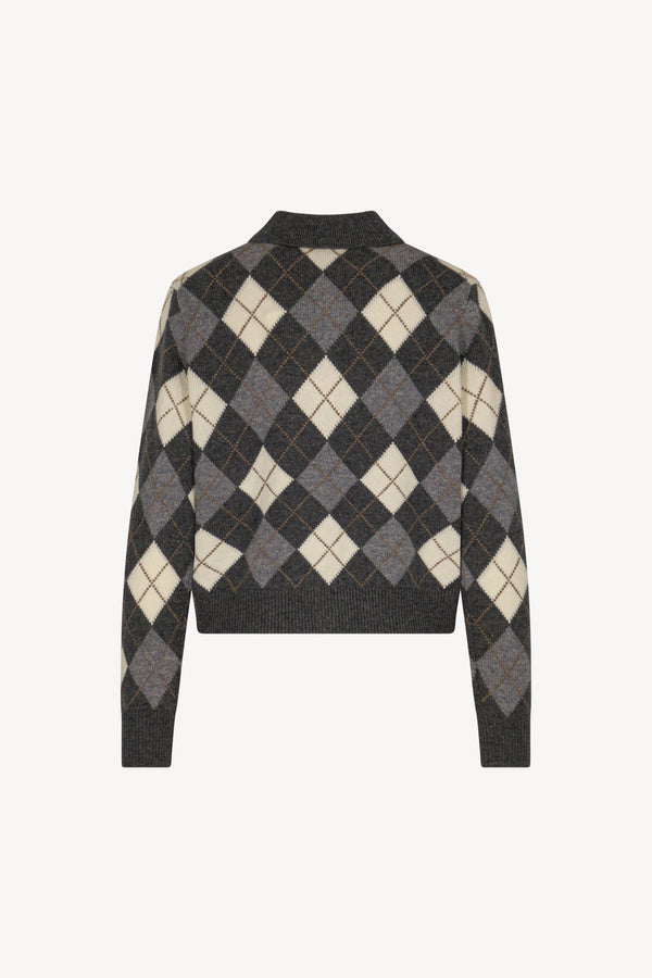 Anthracite Pure Cashmere Shirt-collar Cardigan with Diamond Pattern