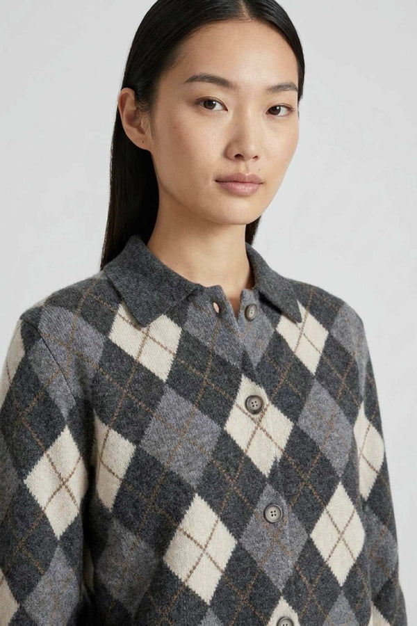 Anthracite Pure Cashmere Shirt-collar Cardigan with Diamond Pattern