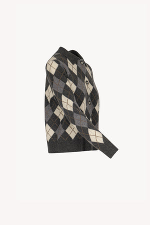 Anthracite Pure Cashmere Shirt-collar Cardigan with Diamond Pattern