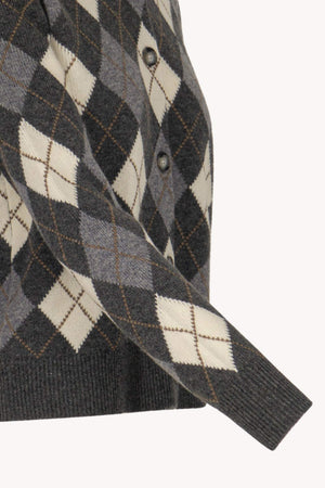 Anthracite Pure Cashmere Shirt-collar Cardigan with Diamond Pattern