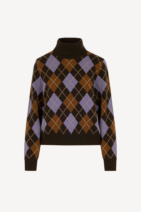 Mocha Pure Cashmere Turtleneck with Diamond Pattern