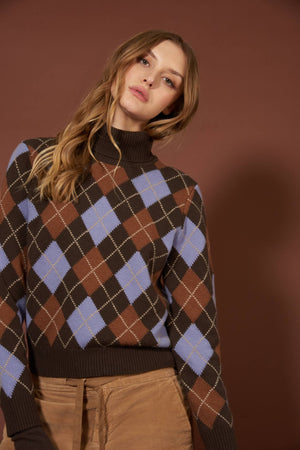 Mocha Pure Cashmere Turtleneck with Diamond Pattern