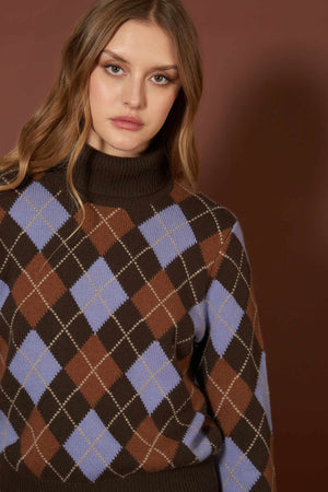 Mocha Pure Cashmere Turtleneck with Diamond Pattern