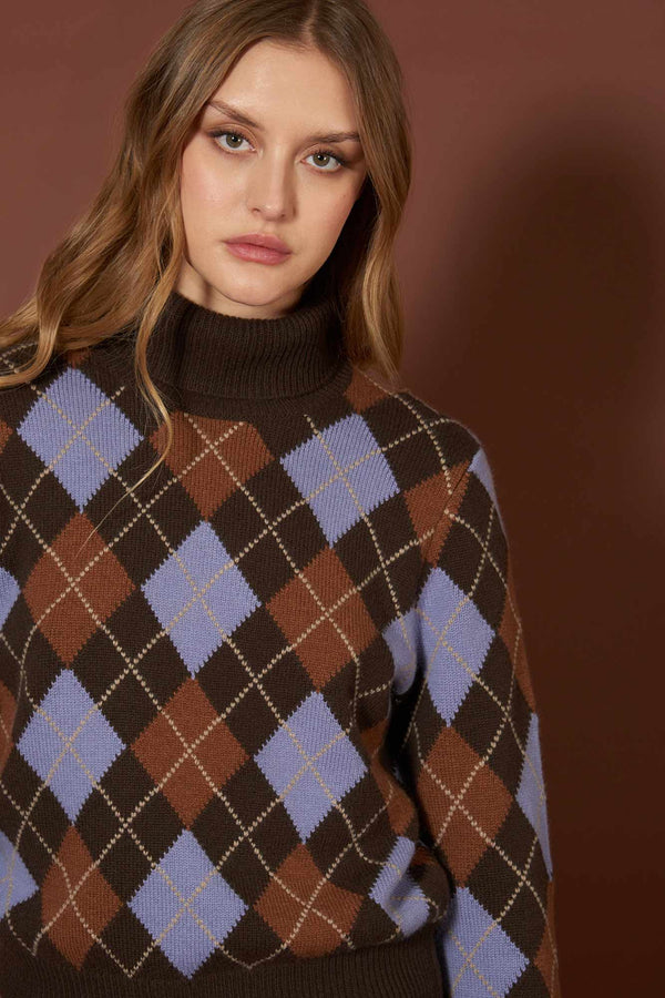 Mocha Pure Cashmere Turtleneck with Diamond Pattern
