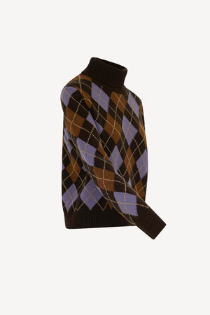 Mocha Pure Cashmere Turtleneck with Diamond Pattern