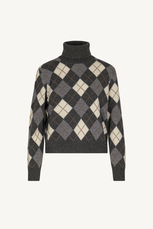 Anthracite Pure Cashmere Turtleneck with Diamond Pattern