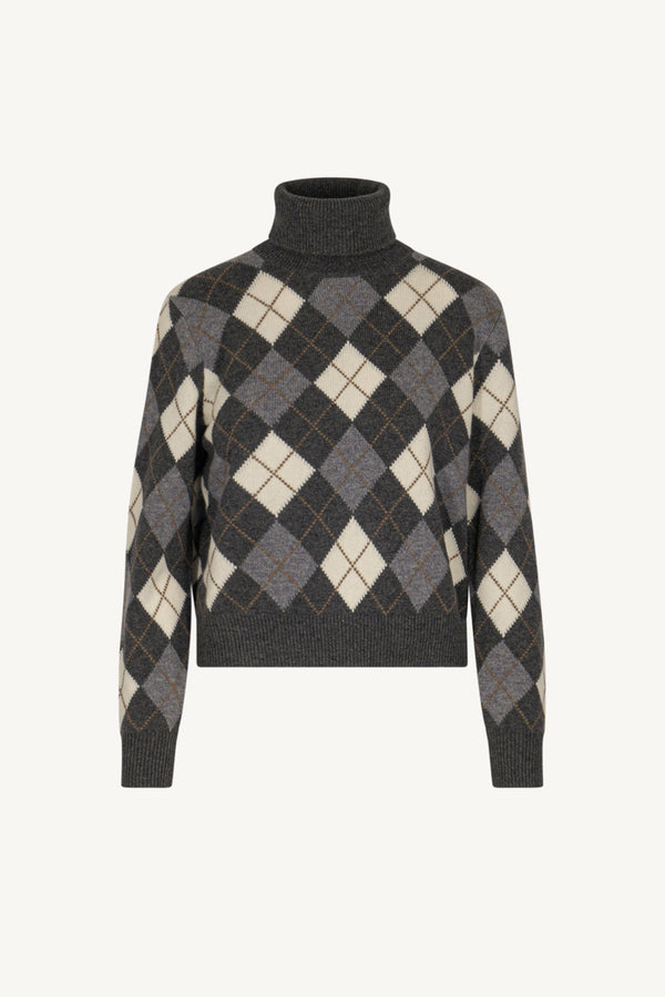 Anthracite Pure Cashmere Turtleneck with Diamond Pattern
