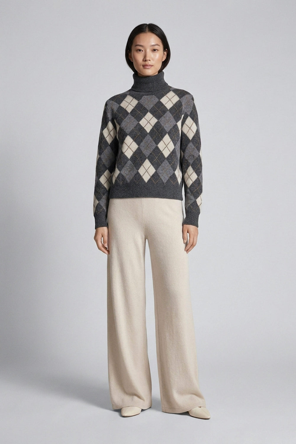 Anthracite Pure Cashmere Turtleneck with Diamond Pattern