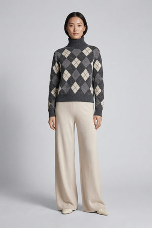 Anthracite Pure Cashmere Turtleneck with Diamond Pattern