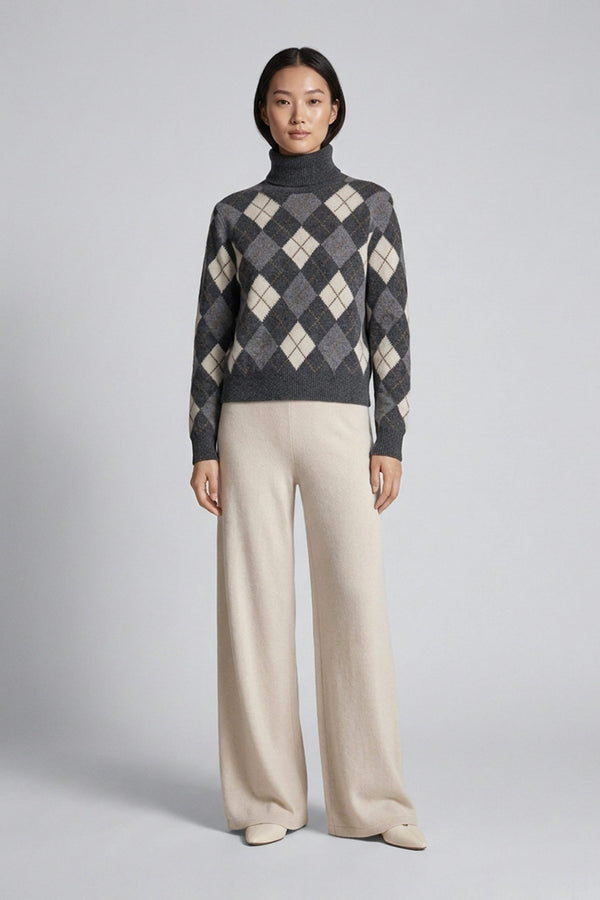 Anthracite Pure Cashmere Turtleneck with Diamond Pattern