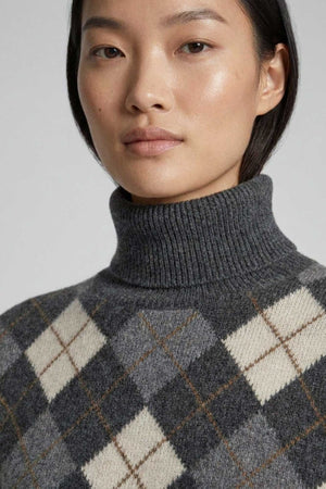 Anthracite Pure Cashmere Turtleneck with Diamond Pattern