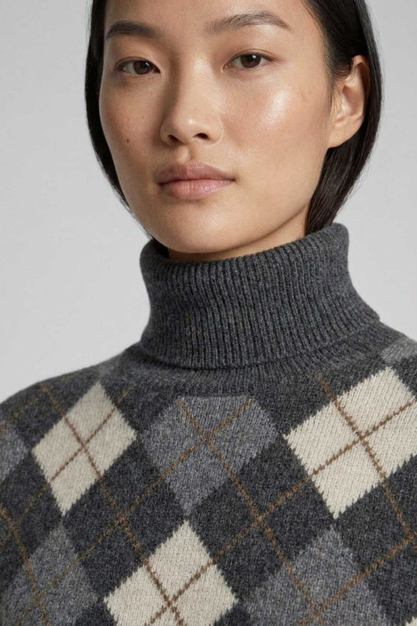 Anthracite Pure Cashmere Turtleneck with Diamond Pattern