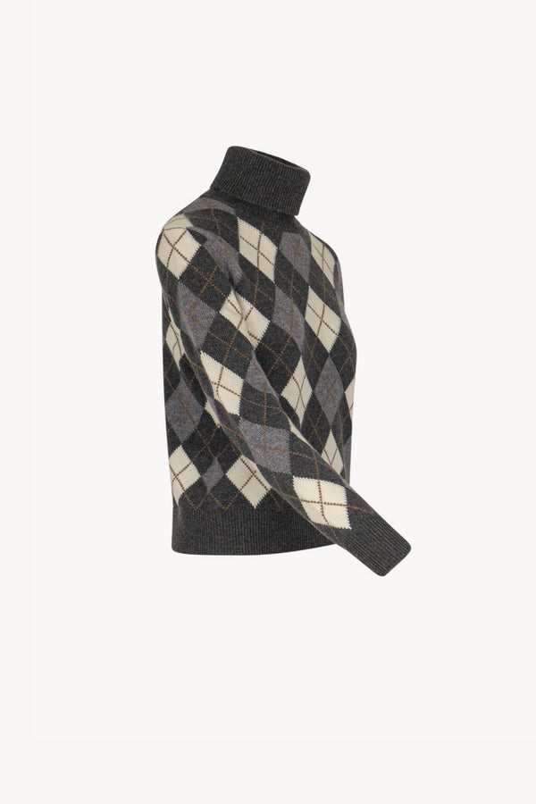 Anthracite Pure Cashmere Turtleneck with Diamond Pattern