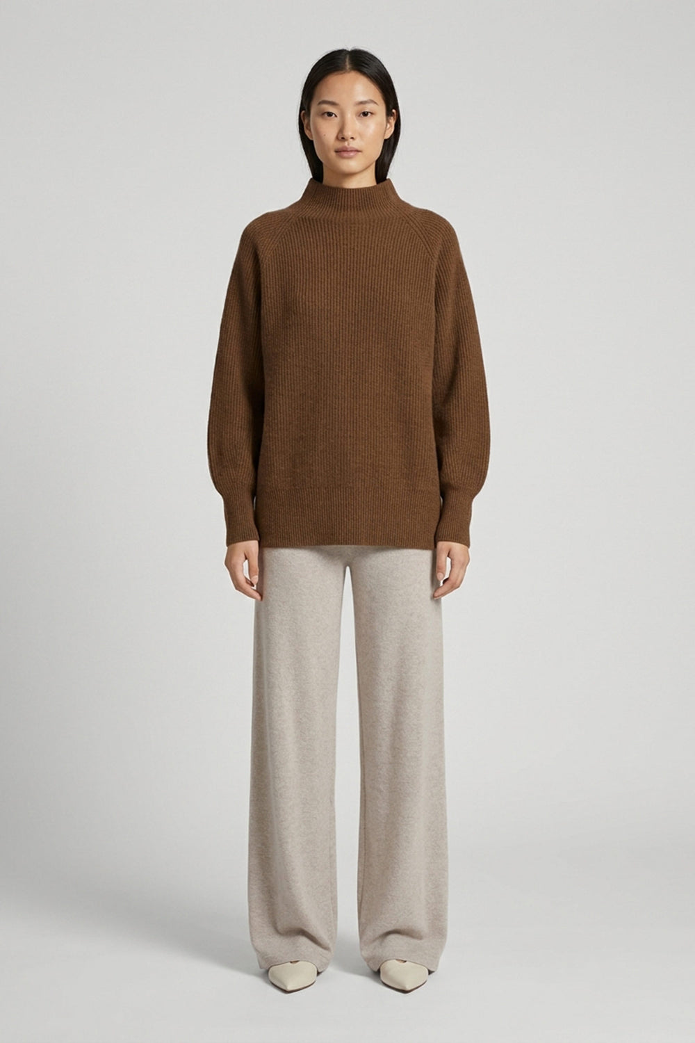 Terracotta Pure Cashmere Mock Neck Sweater in English Rib Knit