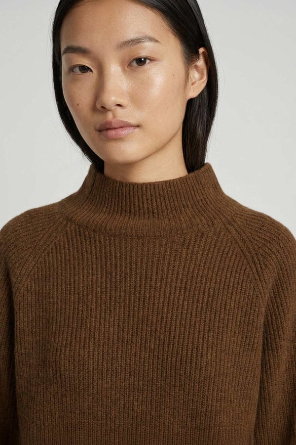 Terracotta Pure Cashmere Mock Neck Sweater in English Rib Knit