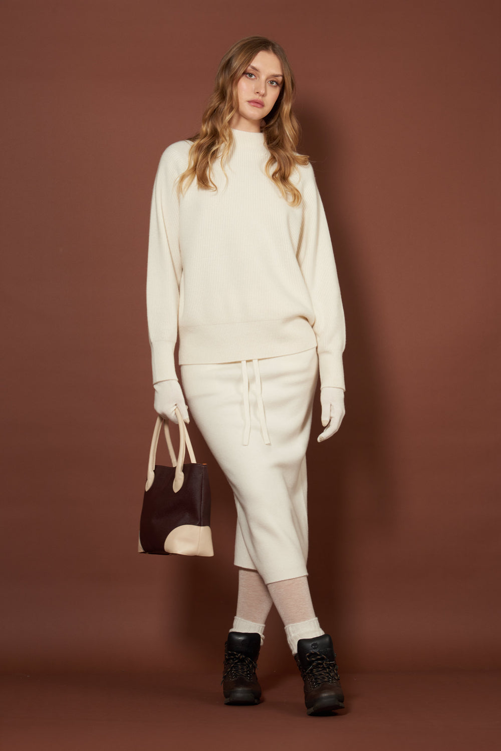 Ivory Pure Cashmere Mock Neck Sweater in English Rib Knit
