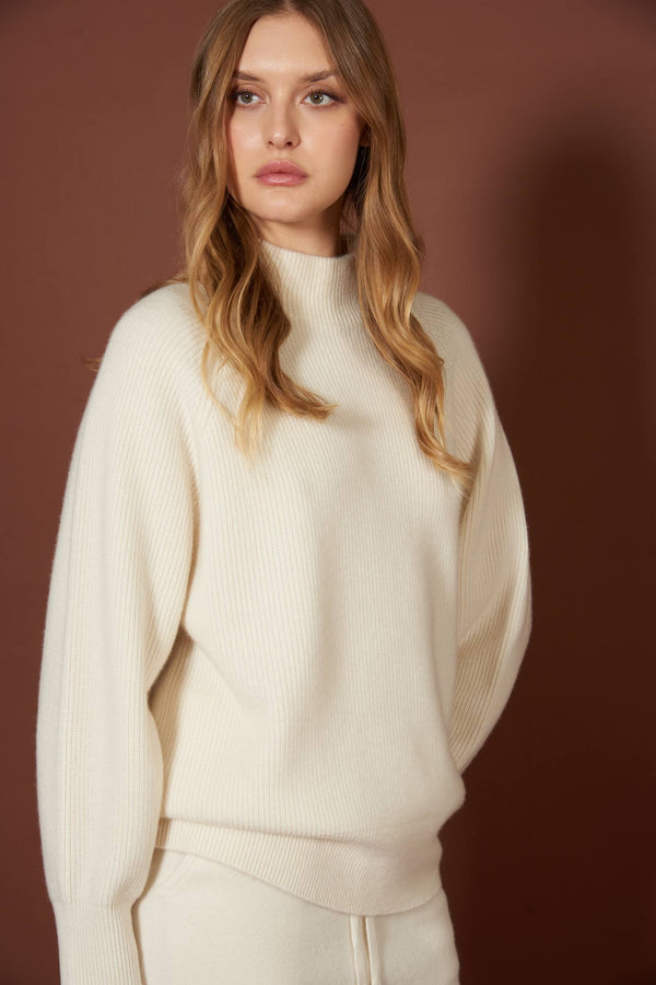 Ivory Pure Cashmere Mock Neck Sweater in English Rib Knit