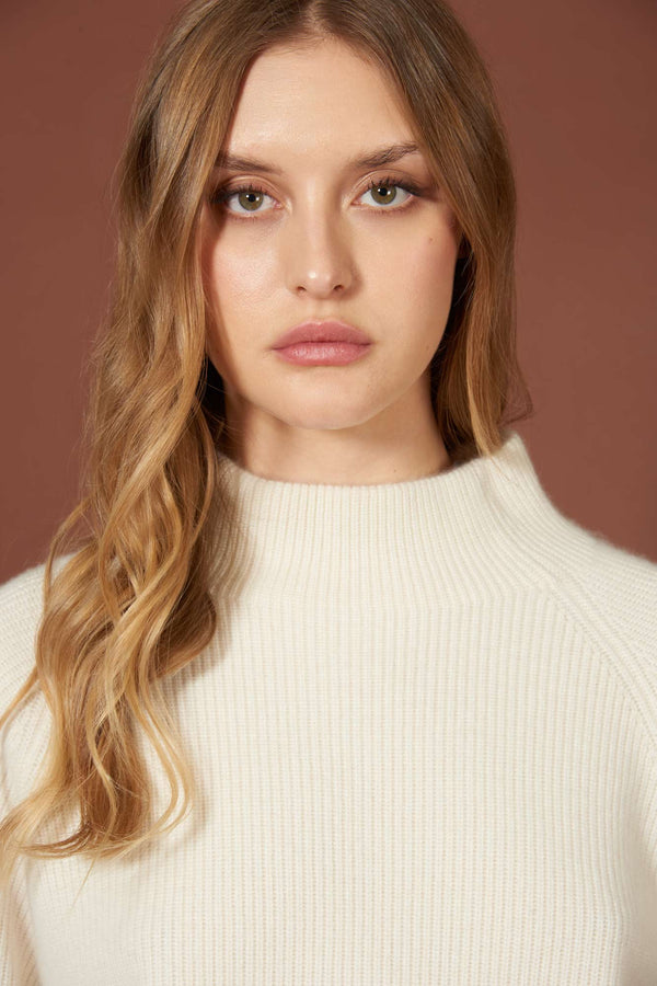 Ivory Pure Cashmere Mock Neck Sweater in English Rib Knit