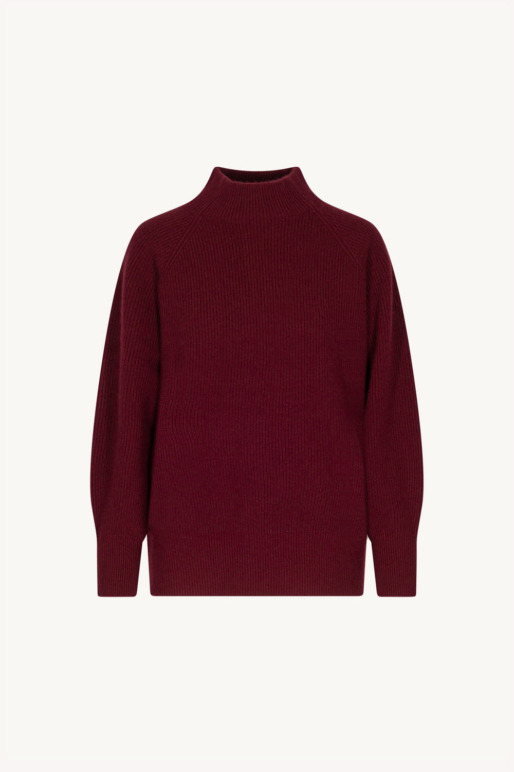 Dark Red Pure Cashmere Mock Neck Sweater in English Rib Knit