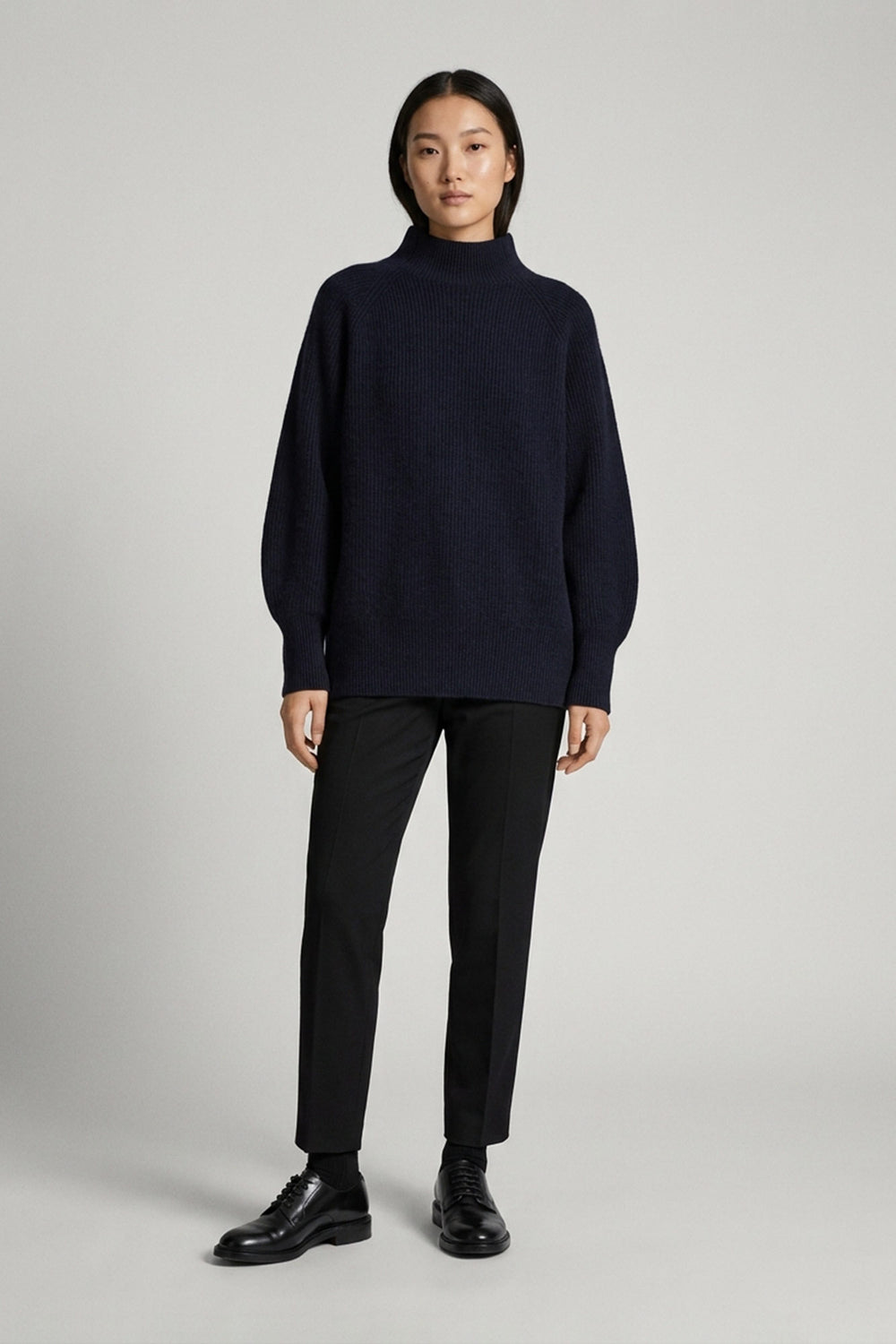 Midnight Blue Pure Cashmere Mock Neck Sweater in English Rib Knit