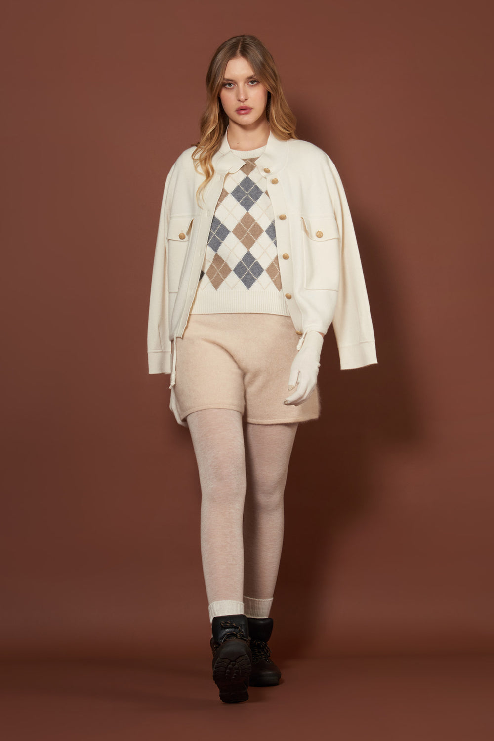 Gilet a Rombi in Puro Cashmere Latte