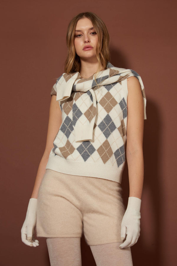 Gilet a Rombi in Puro Cashmere Latte