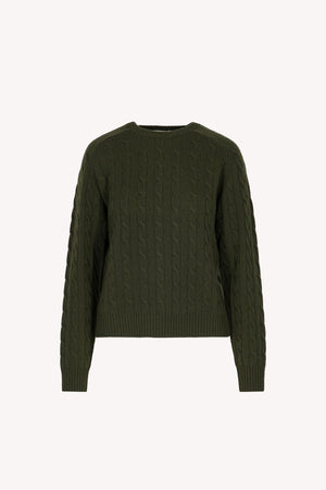 Dark Green Pure Cashmere Cable-Knit Crew Neck Sweater