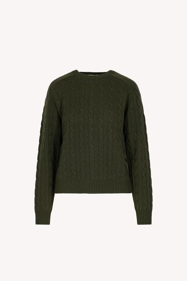 Dark Green Pure Cashmere Cable-Knit Crew Neck Sweater