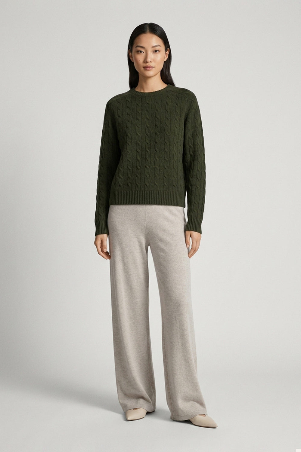 Dark Green Pure Cashmere Cable-Knit Crew Neck Sweater