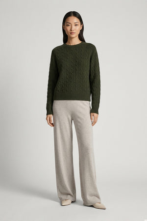 Dark Green Pure Cashmere Cable-Knit Crew Neck Sweater