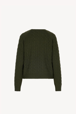 Dark Green Pure Cashmere Cable-Knit Crew Neck Sweater