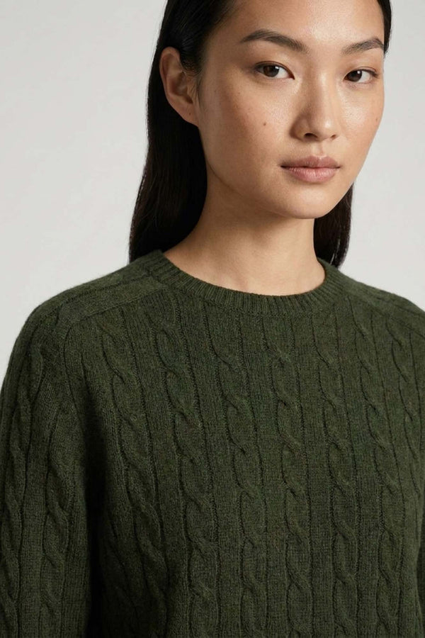 Dark Green Pure Cashmere Cable-Knit Crew Neck Sweater