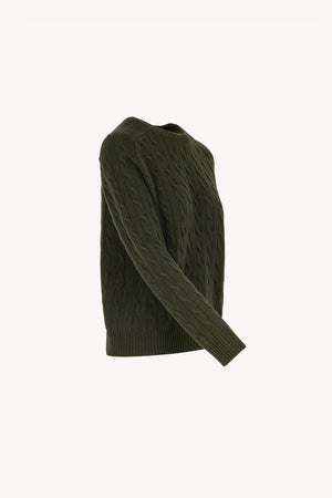 Dark Green Pure Cashmere Cable-Knit Crew Neck Sweater