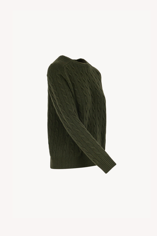 Dark Green Pure Cashmere Cable-Knit Crew Neck Sweater